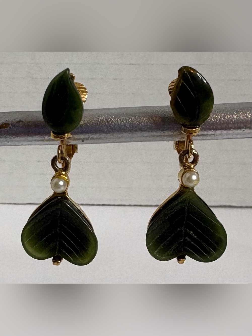 Clip On Earrings Gold-Tone Green Leaf Drop with Pearl Accent Vintage